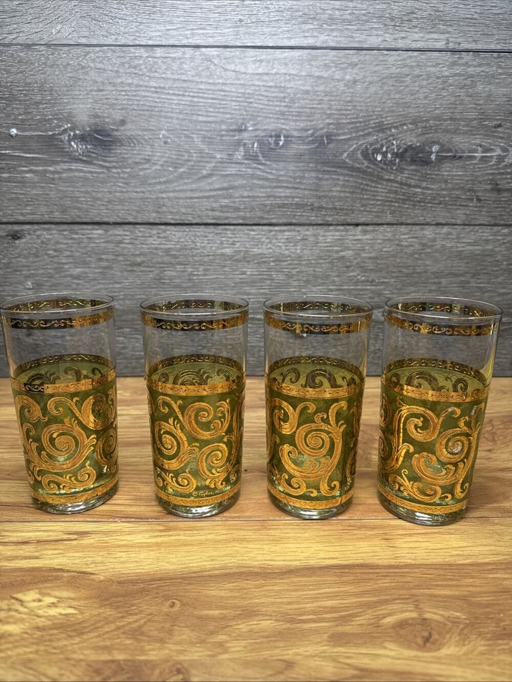 MCM Vintage Culver Toledo Green/22k Gold Highball Tumbler Glasses~4 Pc Set
